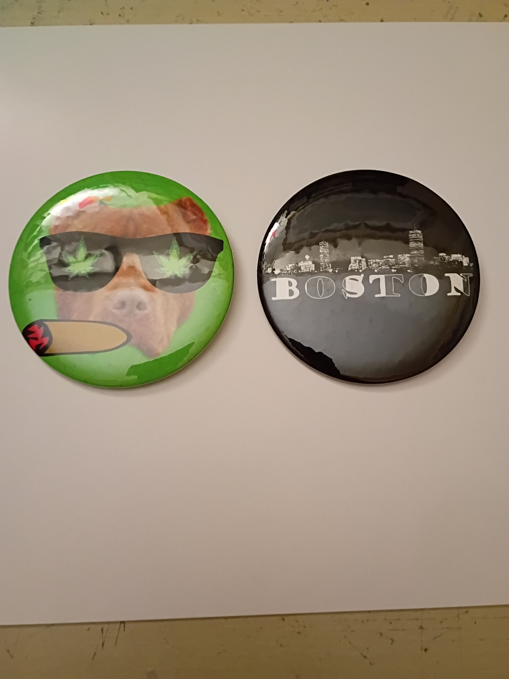 Novelty Round Pin Buttons — Weed Green Dog & Black Boston Skyline